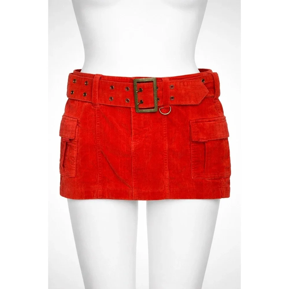 Urban Outfitters Red Corduroy Cargo Mini Skirt with Grommet‎ Belt Size M